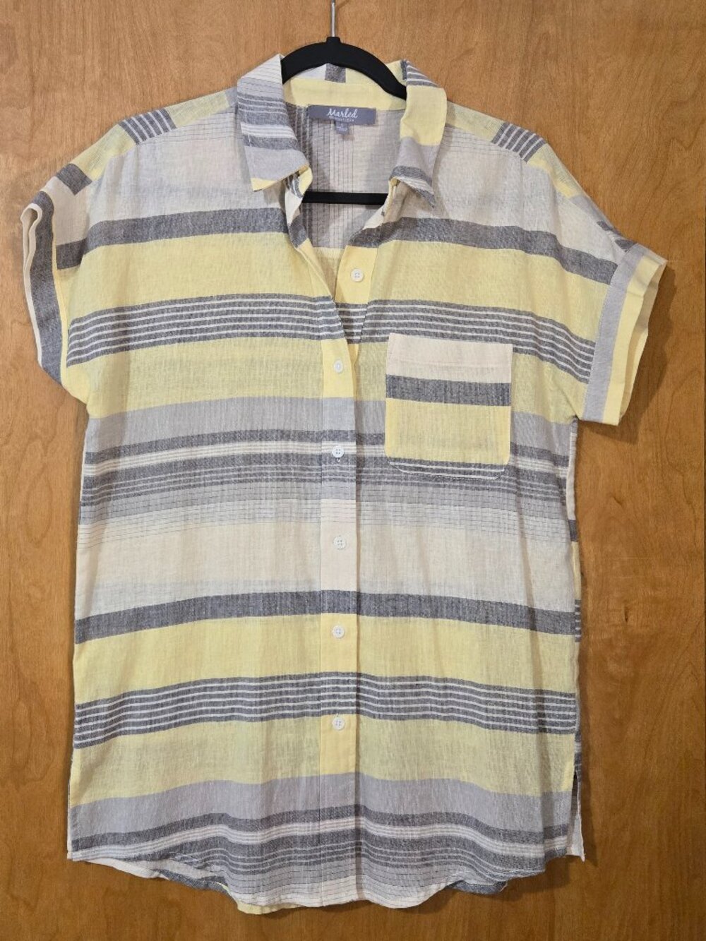 Marled Essentials Linen Blend Shirt Womens Small Yellow Gray Striped Coastal